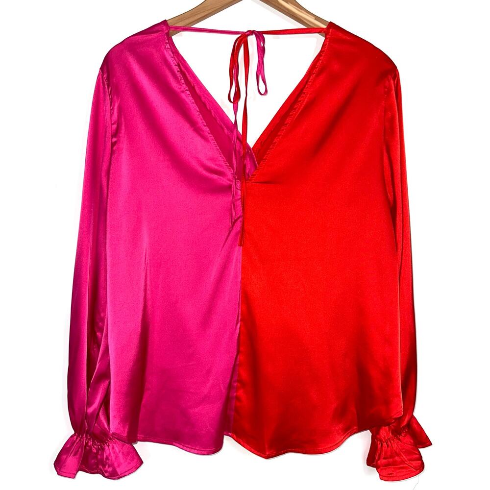 She + Sky Red Pink Split Satin Surplice Top Size Medium - Picture 6 of 11